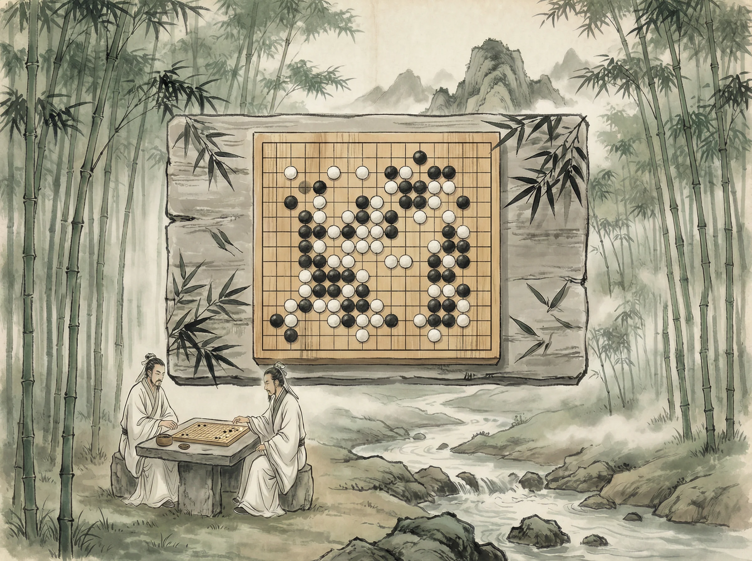 竹林悟道局 鸿运棋牌 棋盘布局，黑白子对峙