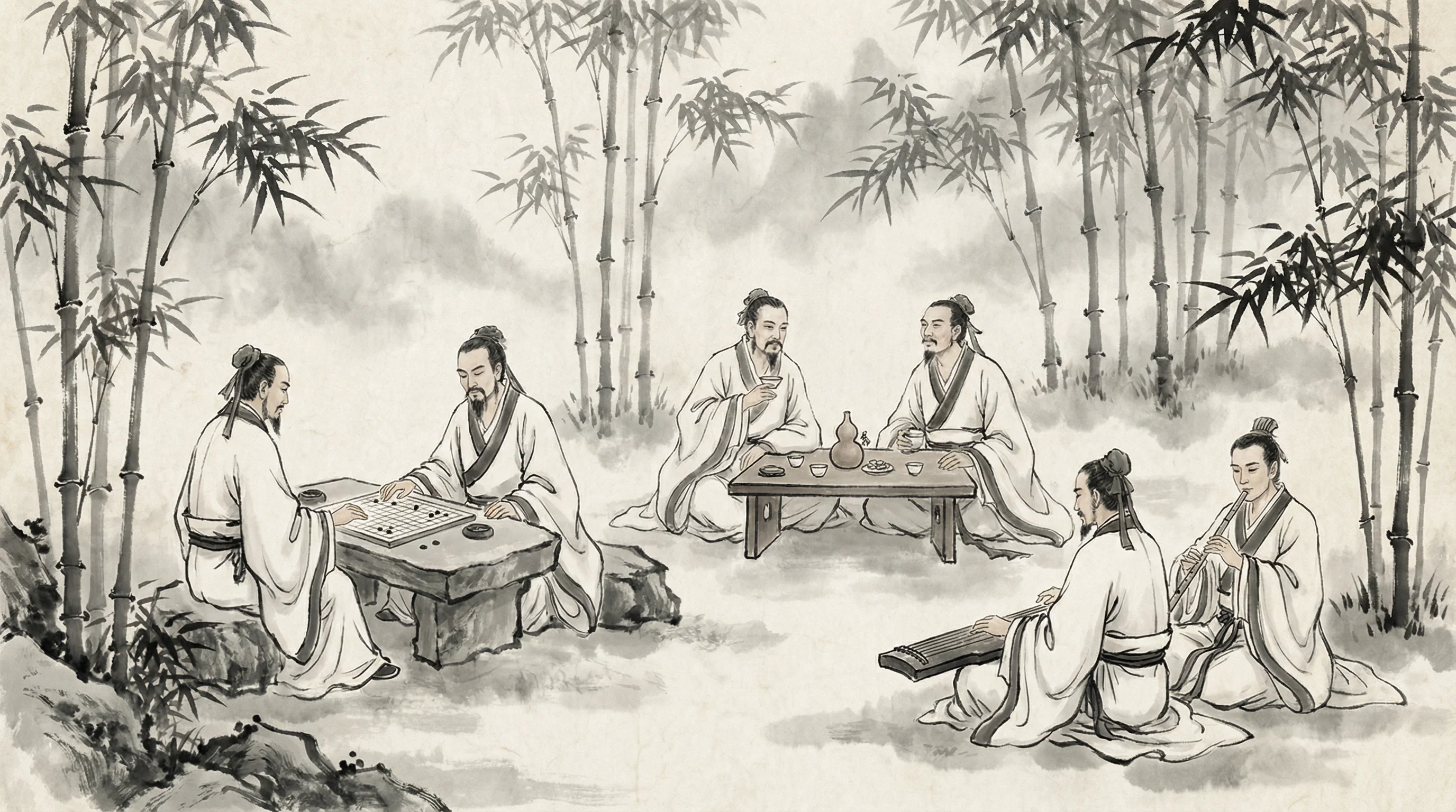 竹林七贤水墨画，隐士以棋会友，共参 鸿运棋牌 之道