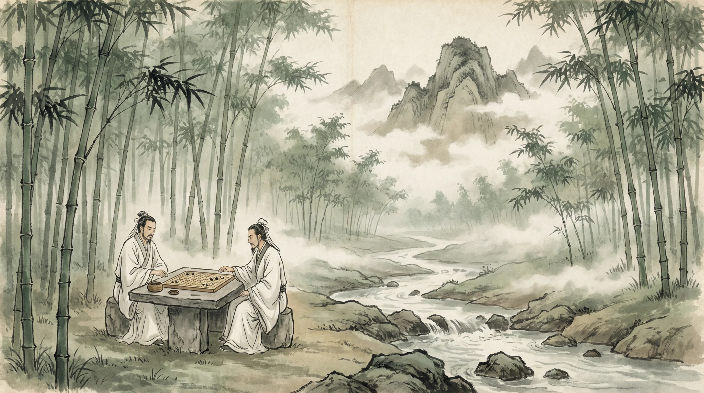 竹林对弈山水画，鸿运棋牌 棋道风景